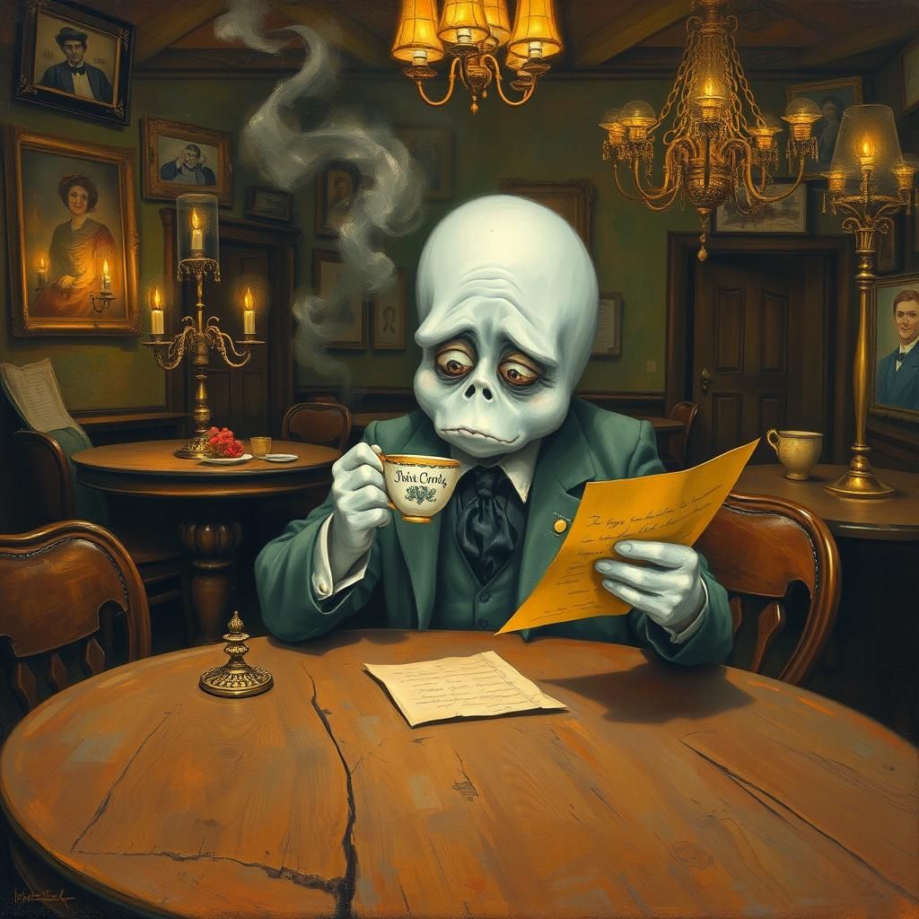 Charming ghost with romantically concerned expressions, sitt...