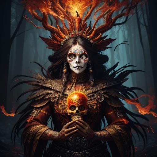 Micronesian Warrior in Fiery Forest: Fantasy Concept Art