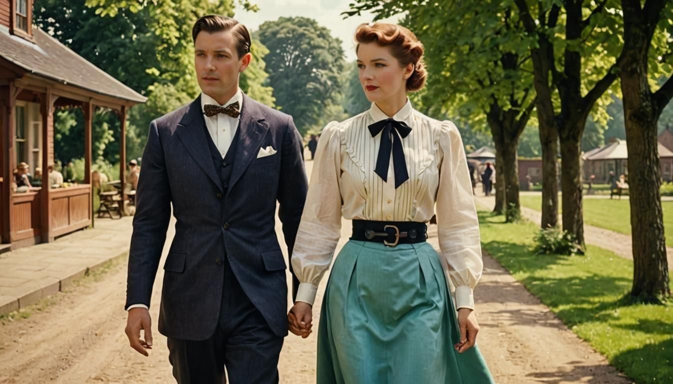 Elegant Couple Strolling in Early 20th Century Style