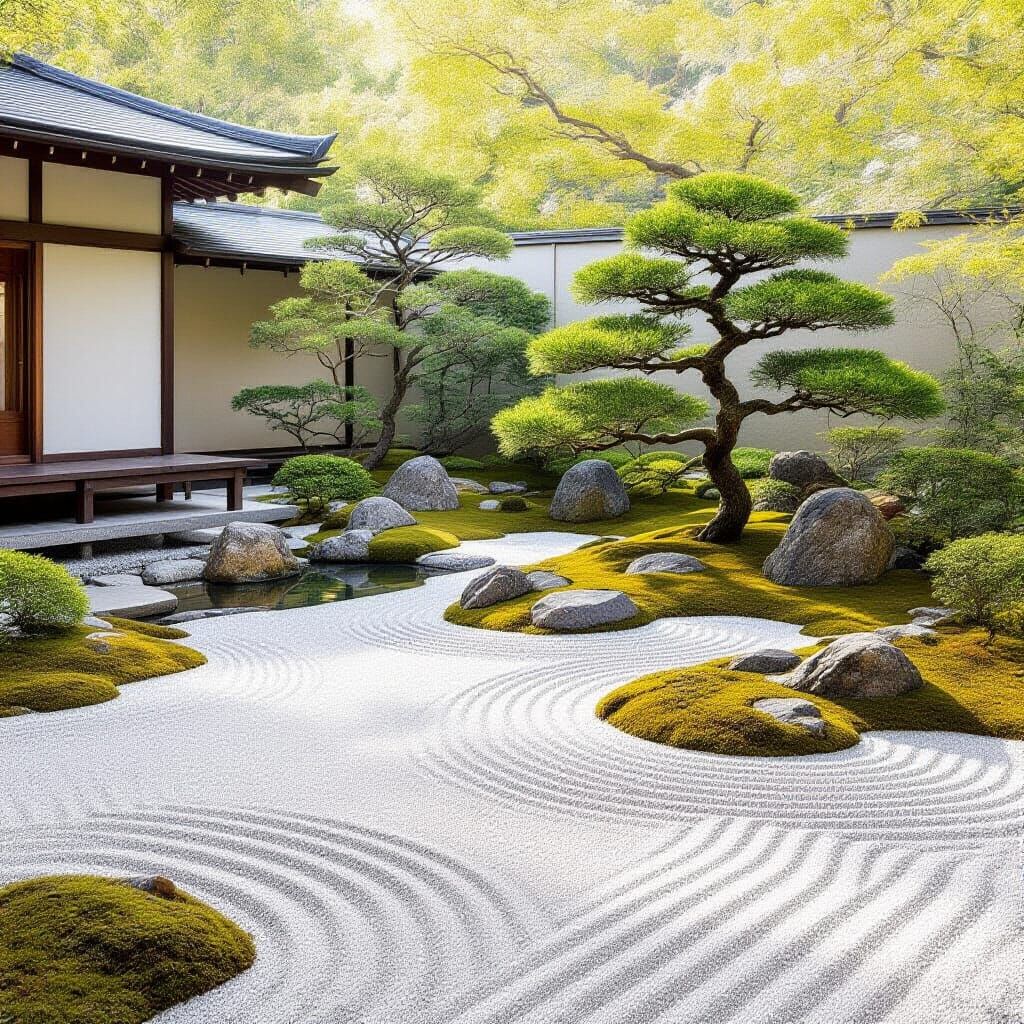 Serene Minimalist Japanese Garden with Bonsai and Stream