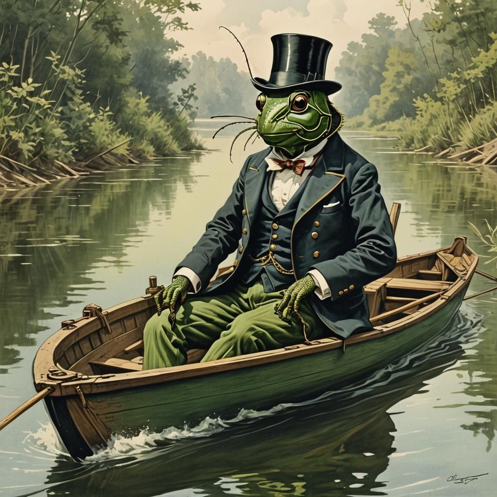 Grasshopper in a tailcoat in a boat. By Heinrich Zille