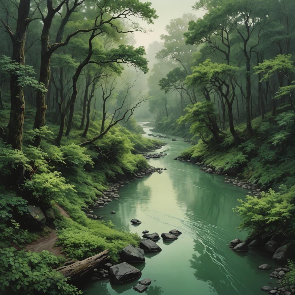 Jade River Through Emerald Forest: Photorealistic Landscape
