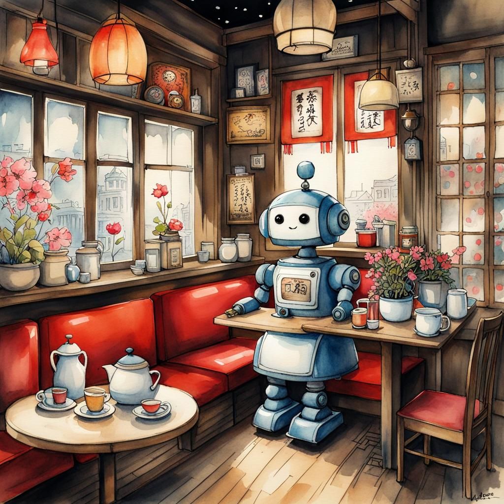 Charming Maid Robot in Cosy Café, Ink and Watercolor