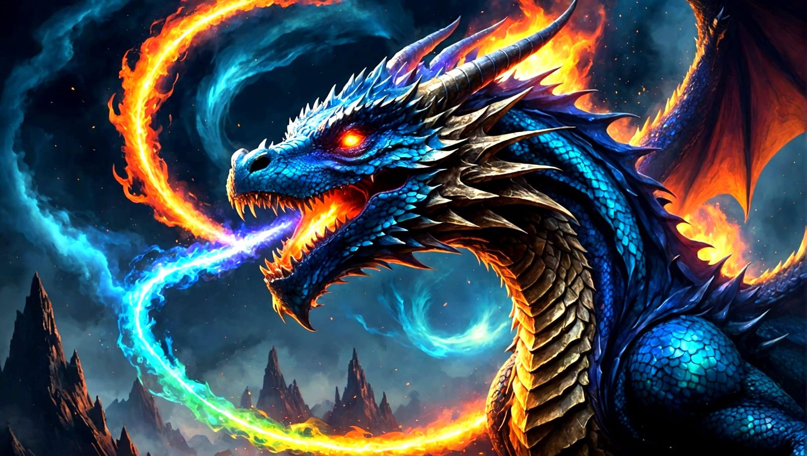 Rainbow Dragon Breathing Blue Fire in Galaxy