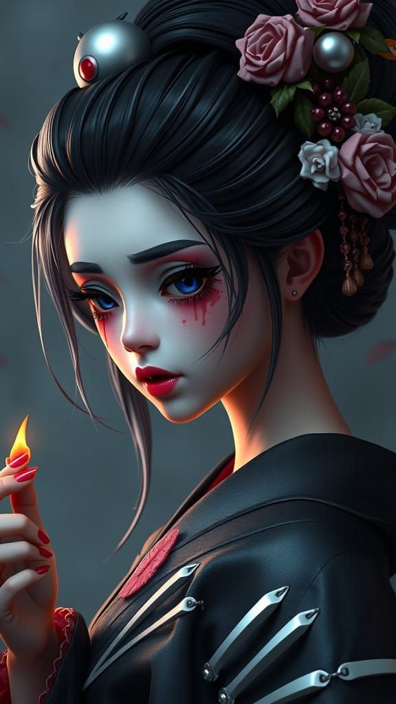 Ethereal Geisha Portrait in Triadic Colors, Hyper-Realistic...