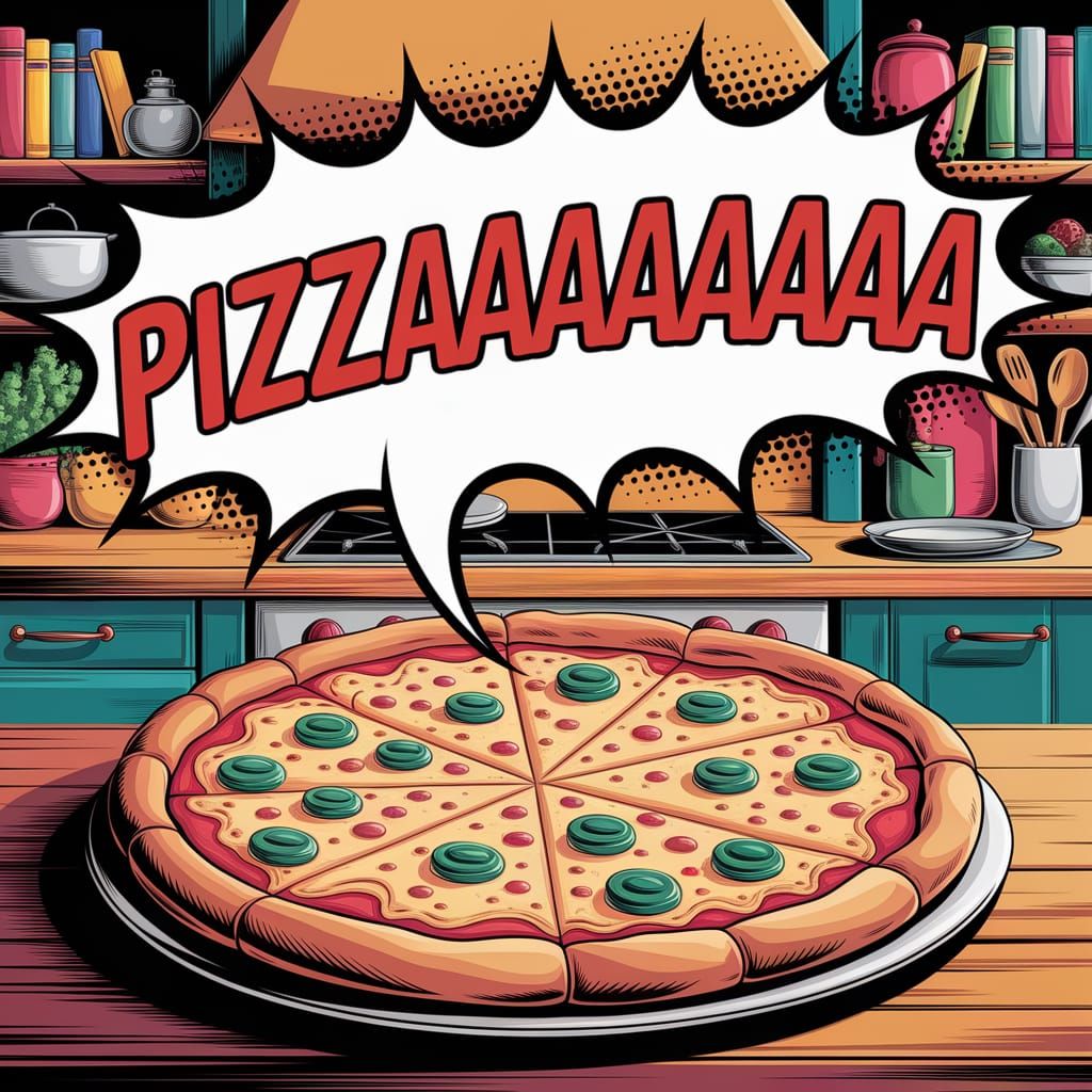 Mouthwatering Pizza with Comic Speech Bubble