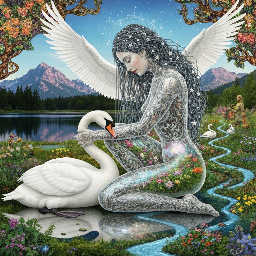 Surreal Sculpture of Woman Embracing Swan Among Stars
