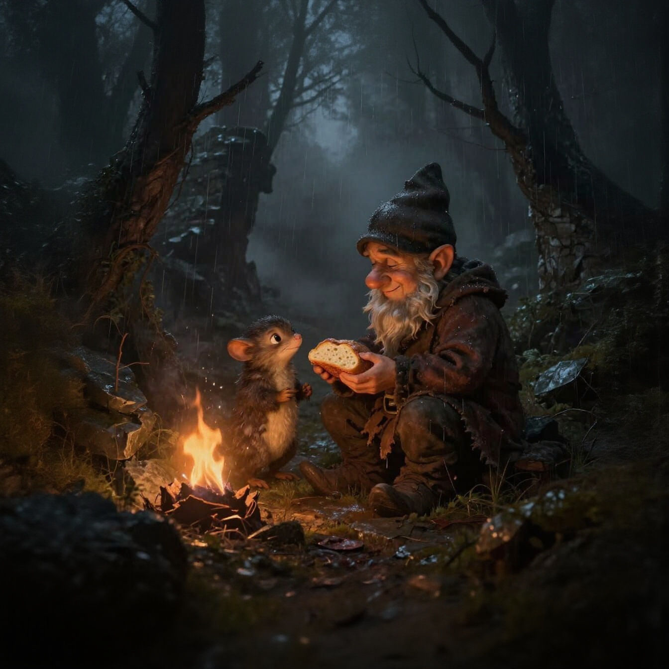 Dark Fantasy Gnome and Critter Find Comfort in Gloom