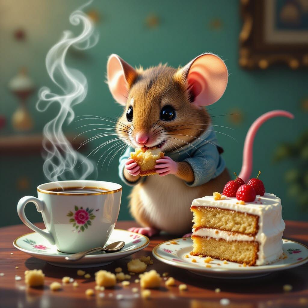 Mouse Enjoys Cake and Coffee, Hyperrealistic Art