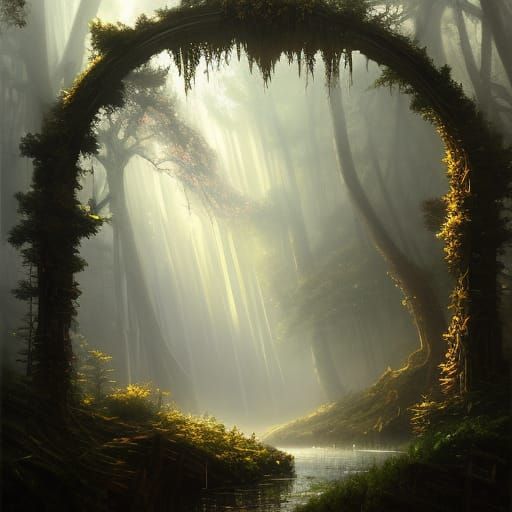 Twilight Metal Archway in Foggy Wetland Forest
