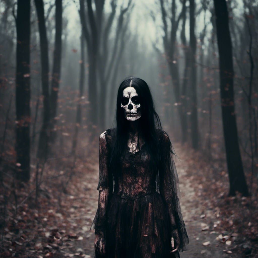 Gothic Girl with Skull Face Paint in Woods