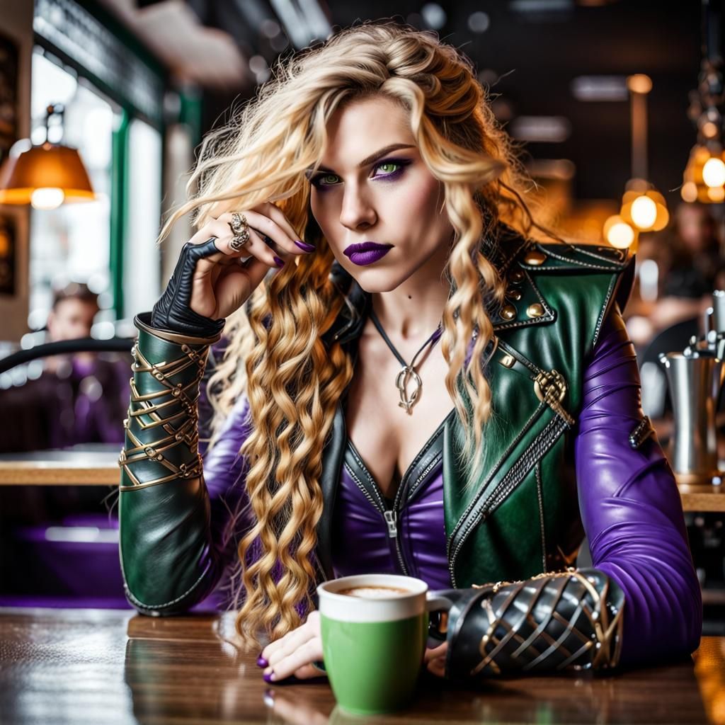 Valkyrie in Cafe: Viking Features, Biker Outfit