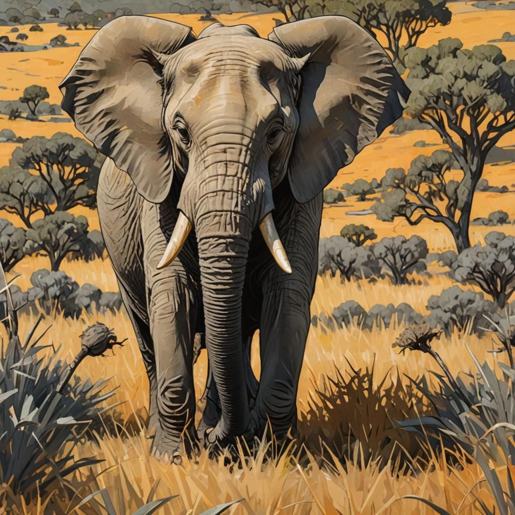 Elephant in Savannah: Van Gogh-Inspired Digital Art