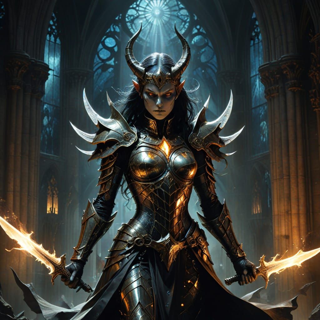 Female Demon Hunter in Crystal Armor, Fantasy Art