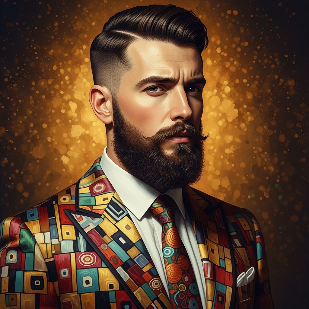 Bearded Man in Velvet Suit, Klimt-Inspired Impasto Painting