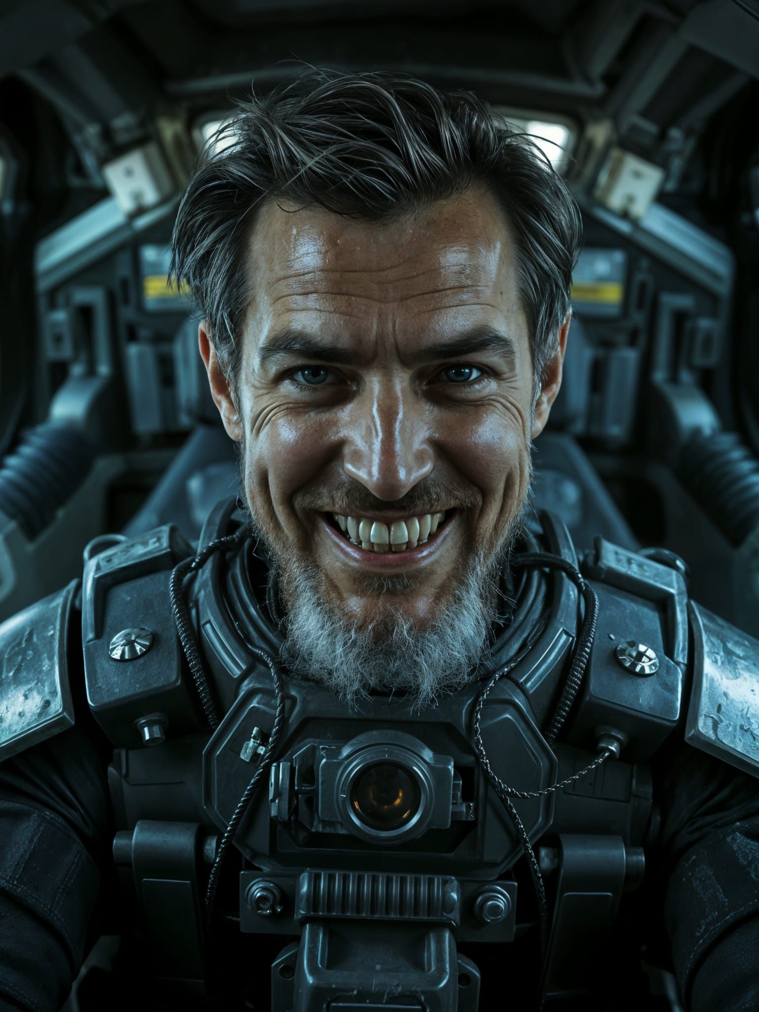 Intense Cyborg Punk Soldier in Dark Cockpit