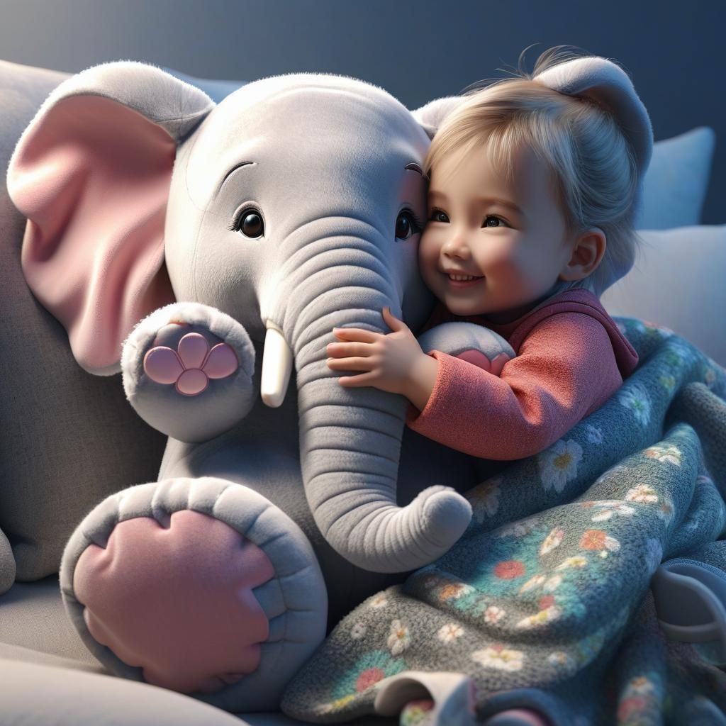 Toddler Hugging a Plush Elephant Toy