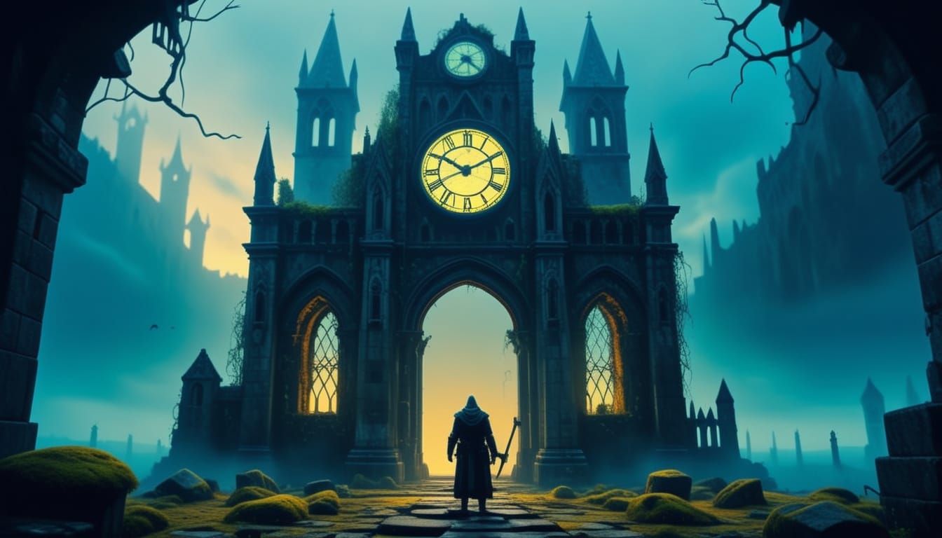 Gothic Clock Tower in Misty Landscape