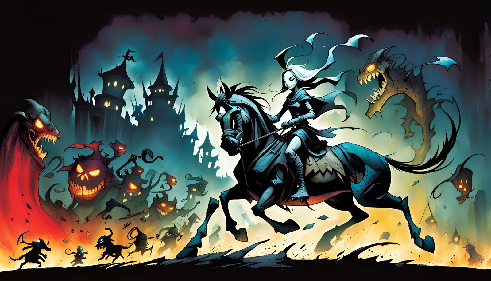 Cavalry Stampede in Dark Wonderland: Comic Book Style
