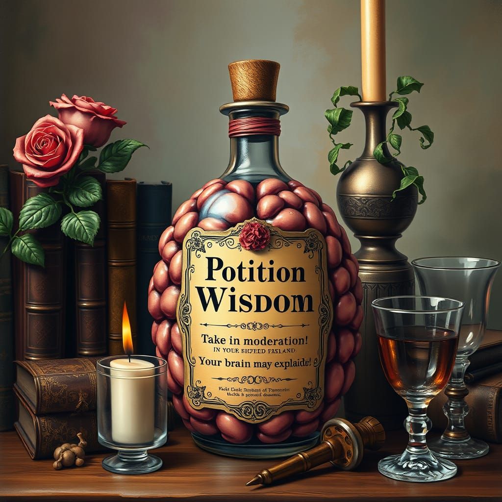 Drawing of an antique brain-shaped bottle with an antique la...