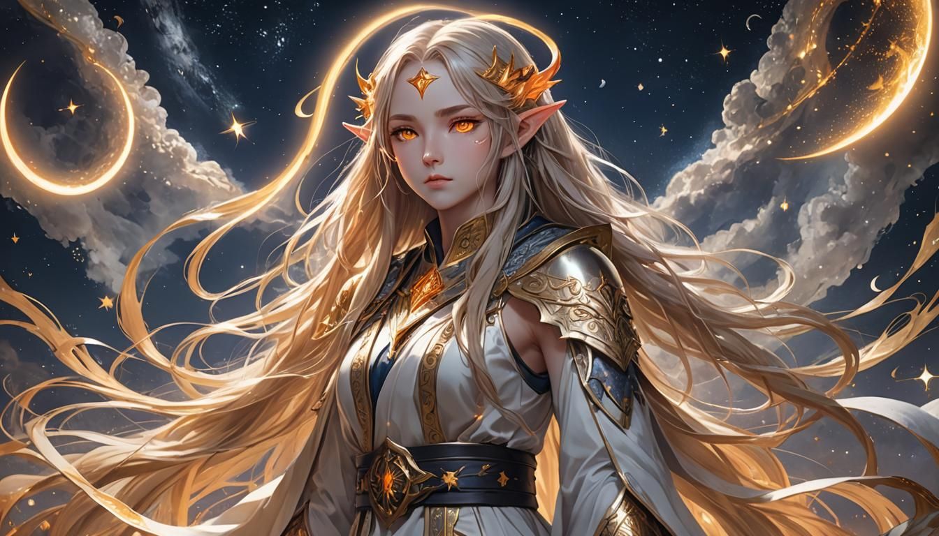 Golden-Haired Elf with Fiery Eyes in Anime Style