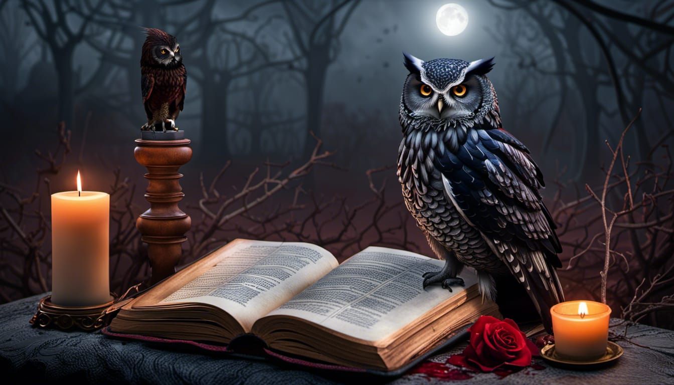 Gothic Owl Portrait on Skull in Graveyard