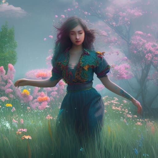 Nostalgic Girl in Flowers: Detailed Matte Painting