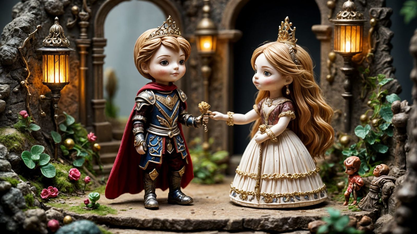 Miniature Knight and Princess Diorama at Castle Gate