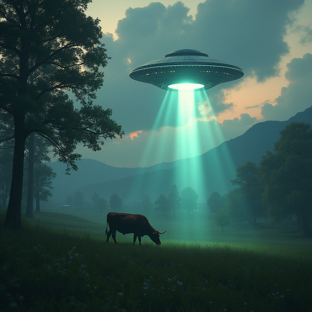 UFO Abducts Cow in Cinematic Rural Landscape