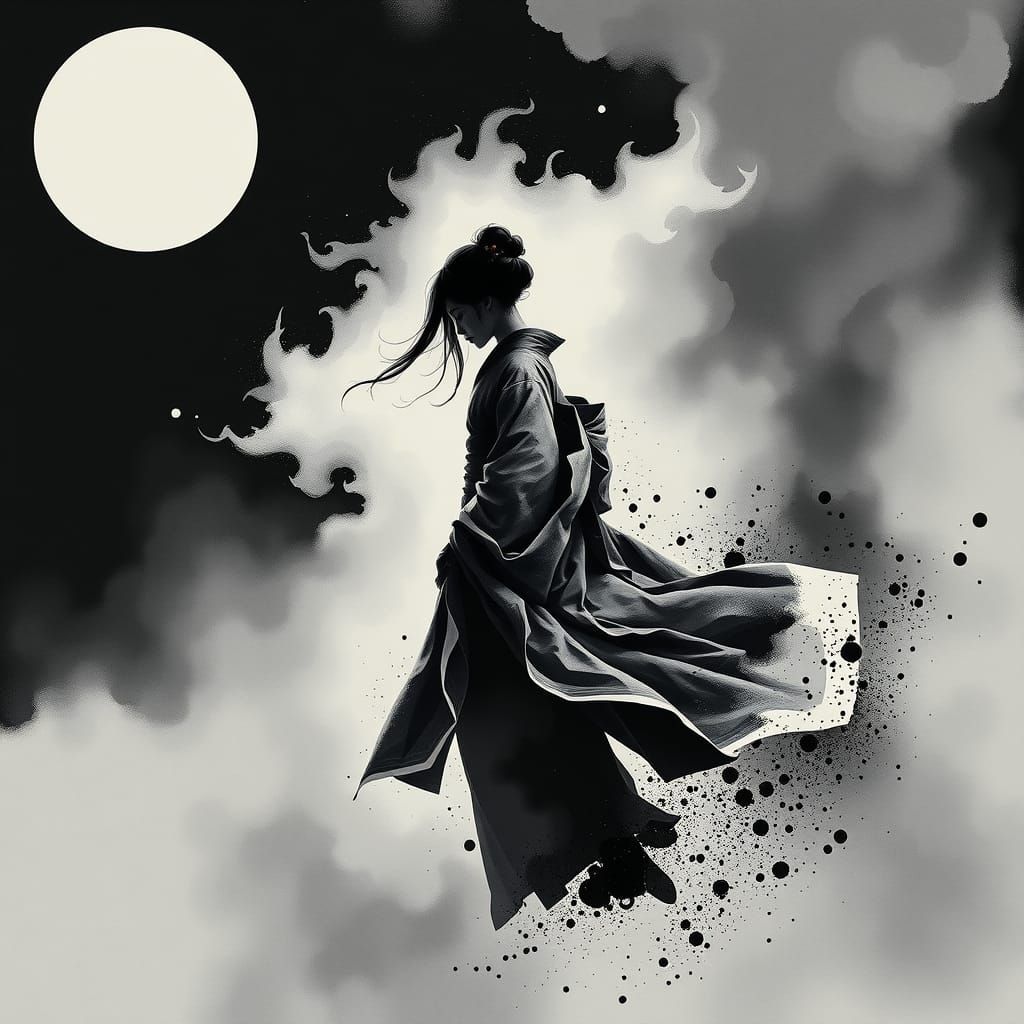 Ethereal Geisha Emerges from Mist in Ukiyo-e Style