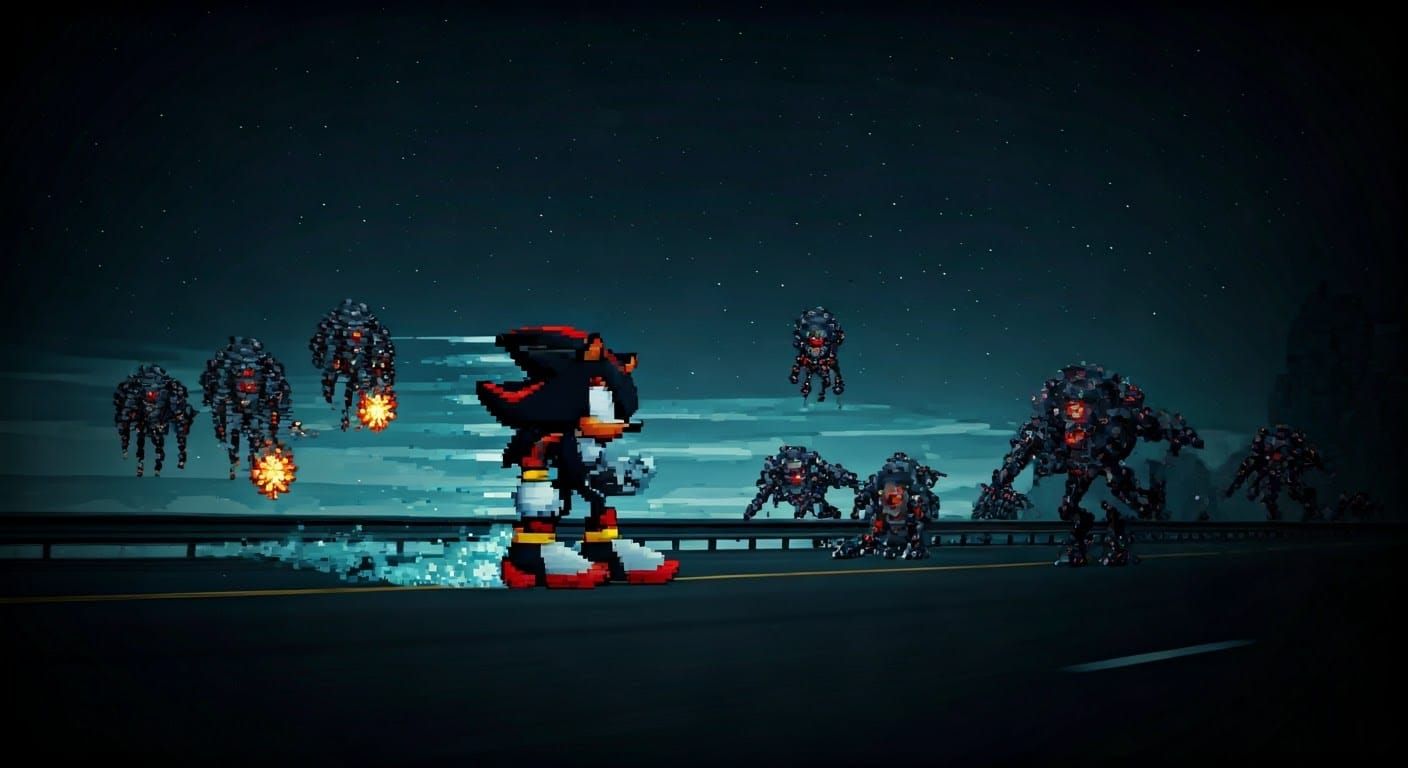 pixel art of Shadow the hedgehog speeding down a highway whi...