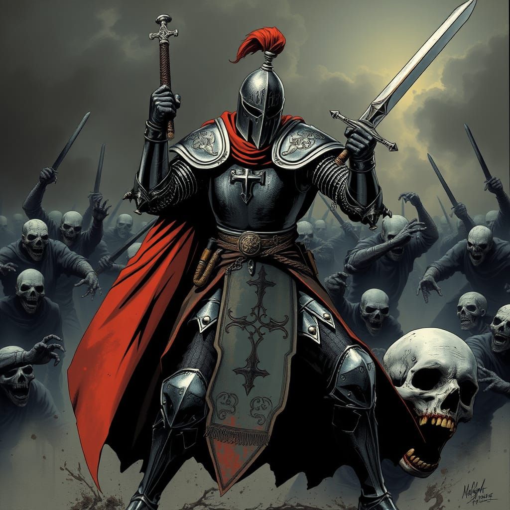 Knight Templar vs Zombies in Dark Mystical Style