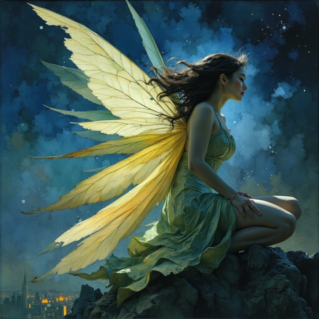winged fairy, city lights