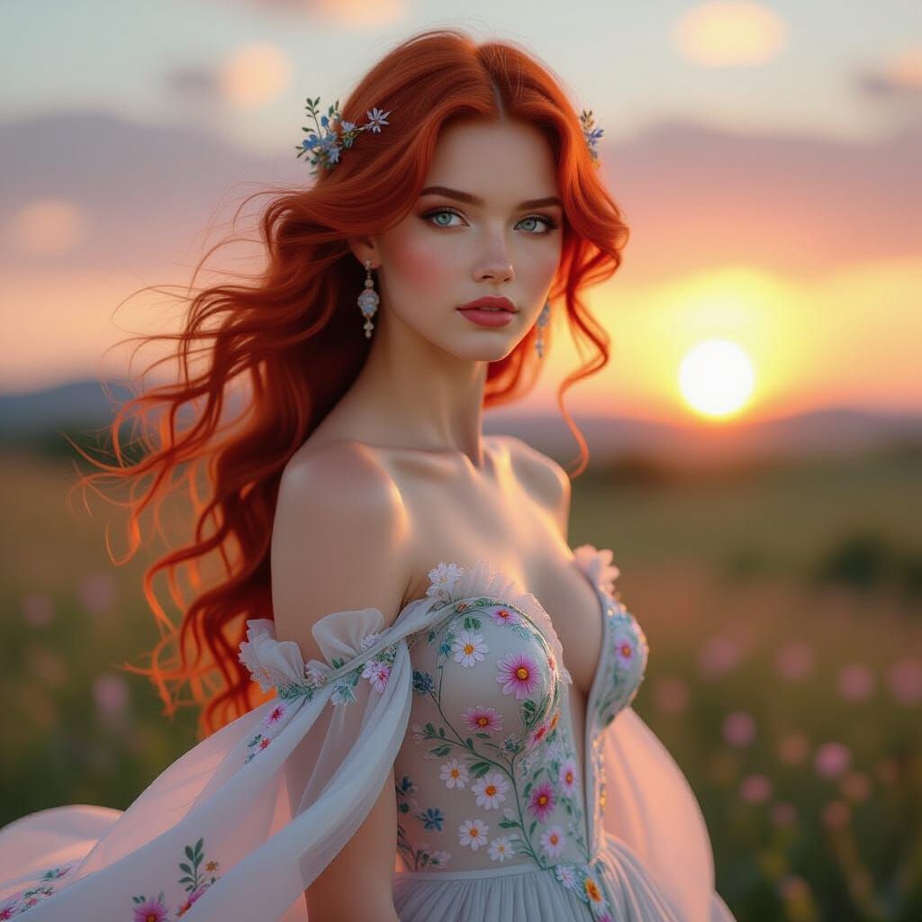 Ethereal Woman with Wildflowers: A Photorealistic Portrait