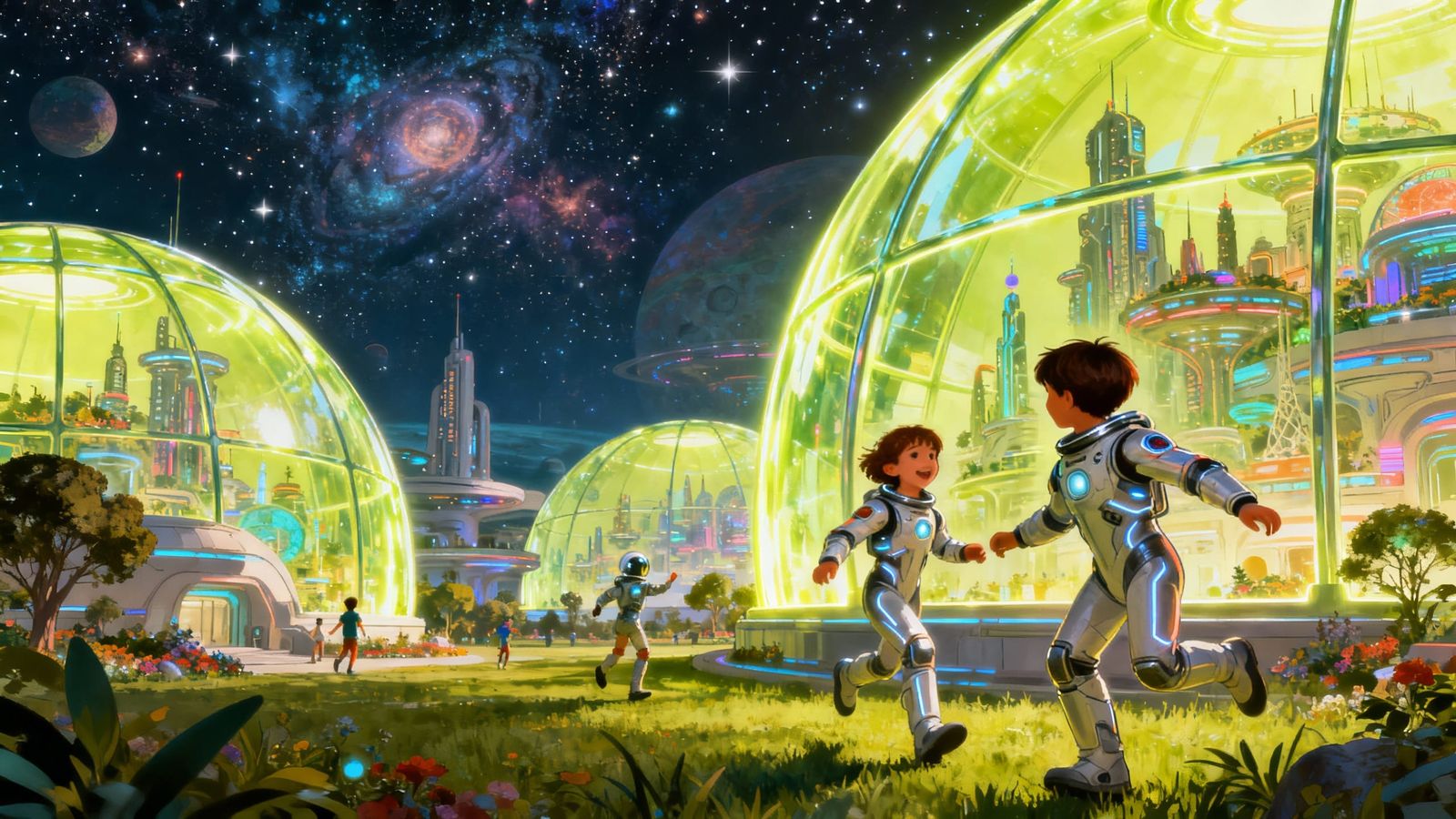 Futuristic cities built inside protective glass domes, 
Chil...