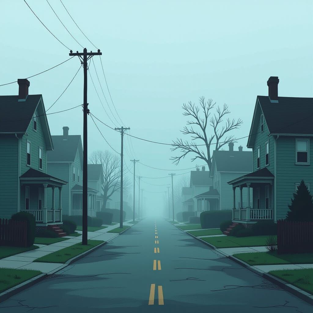 Creepy Suburban Street in Early Simpsons Animation Style