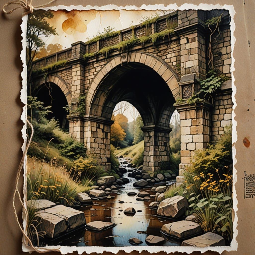 Vintage Tudor Bridge in Watercolor Collage