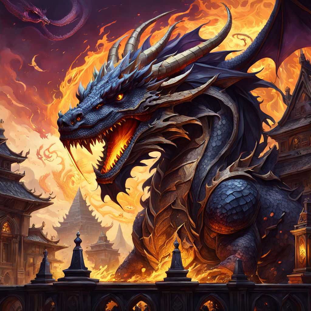 Dark Fantasy Dragon Conquers Pyramid-Laden Village