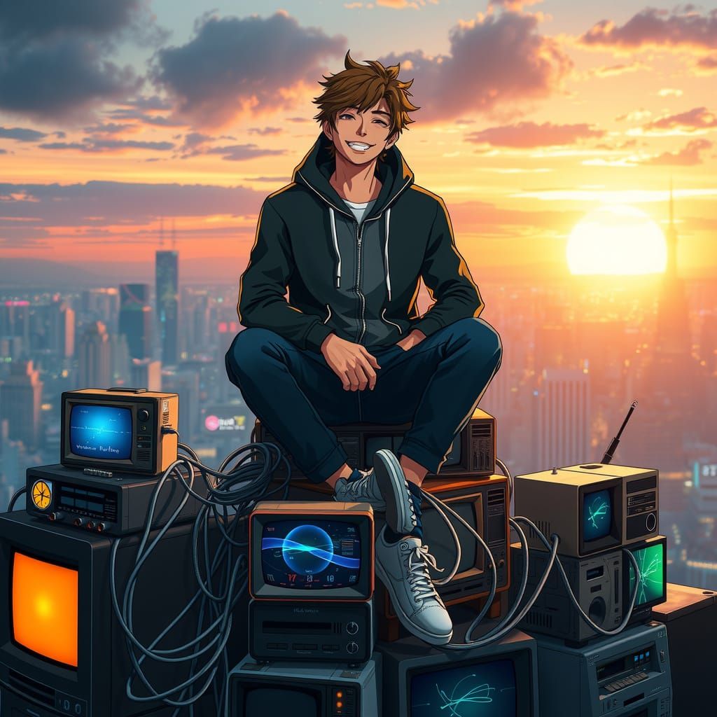 Joyful Hacker in Futuristic Cityscape