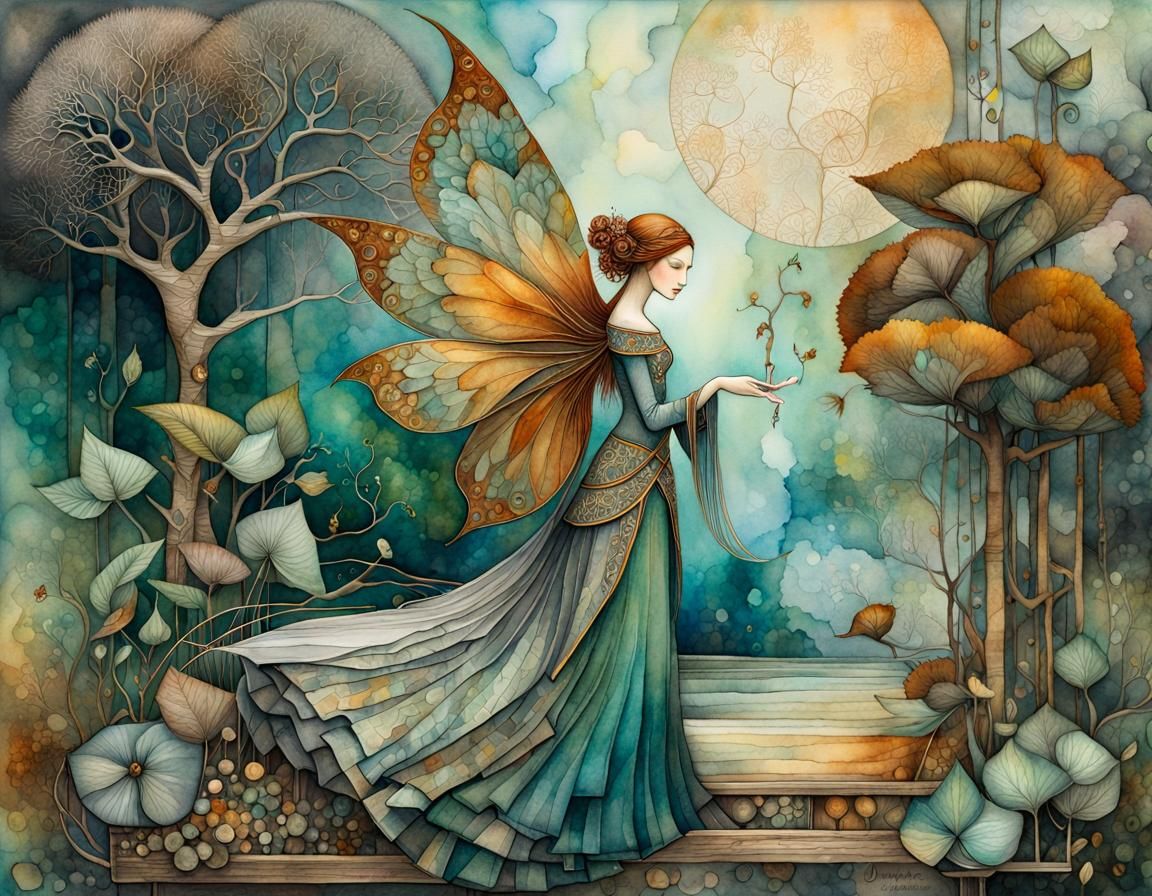 Fairies Pursued by Lionfish in Watercolor and Ink