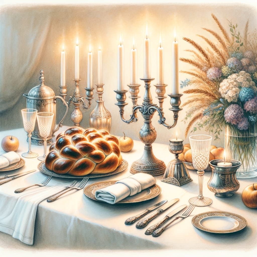 Victorian Shabbat Table in Watercolor and Pencil