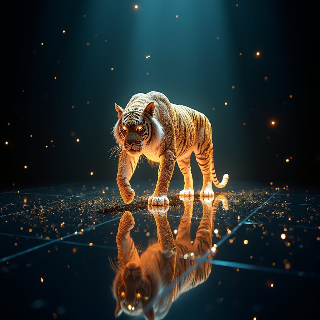 Luminous Firefly Tiger in Dark Chamber, Cinematic 3D Render