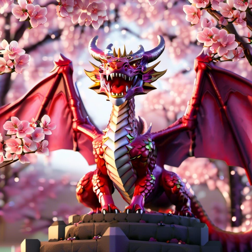 Winged Cherry Blossom Dragon in Hyperrealistic Style