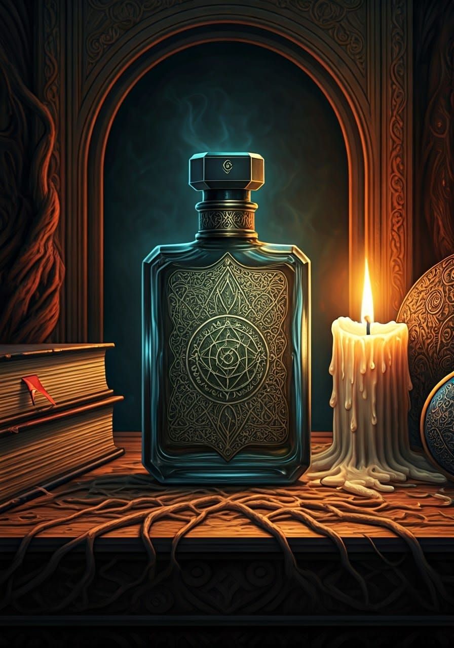Mystical Perfume Bottle on Altar in Dark Surrealism