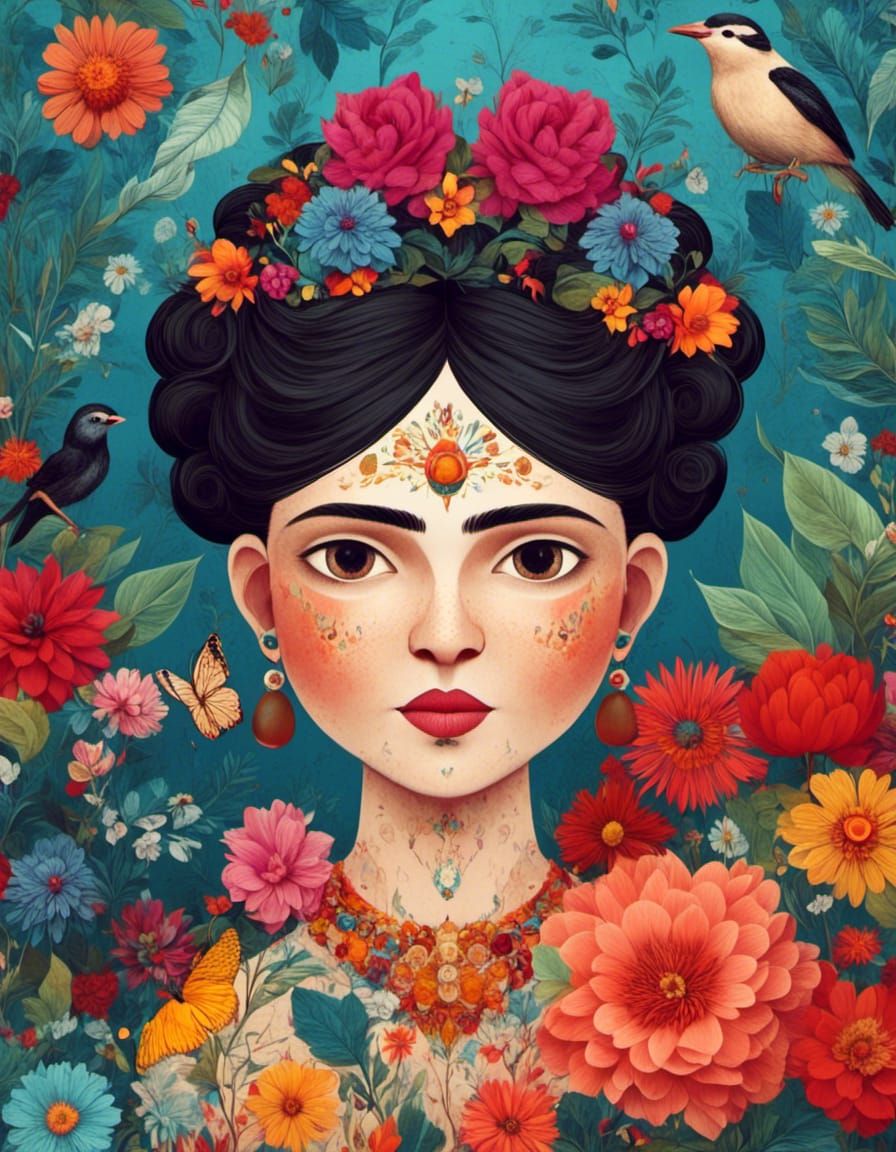 a whimsical Frida Kahlo among flowers. <lora:Trio:1.0>