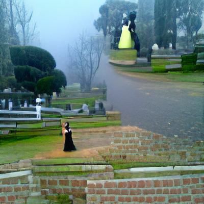 Gothic Lady in Black at Foggy Cemetery