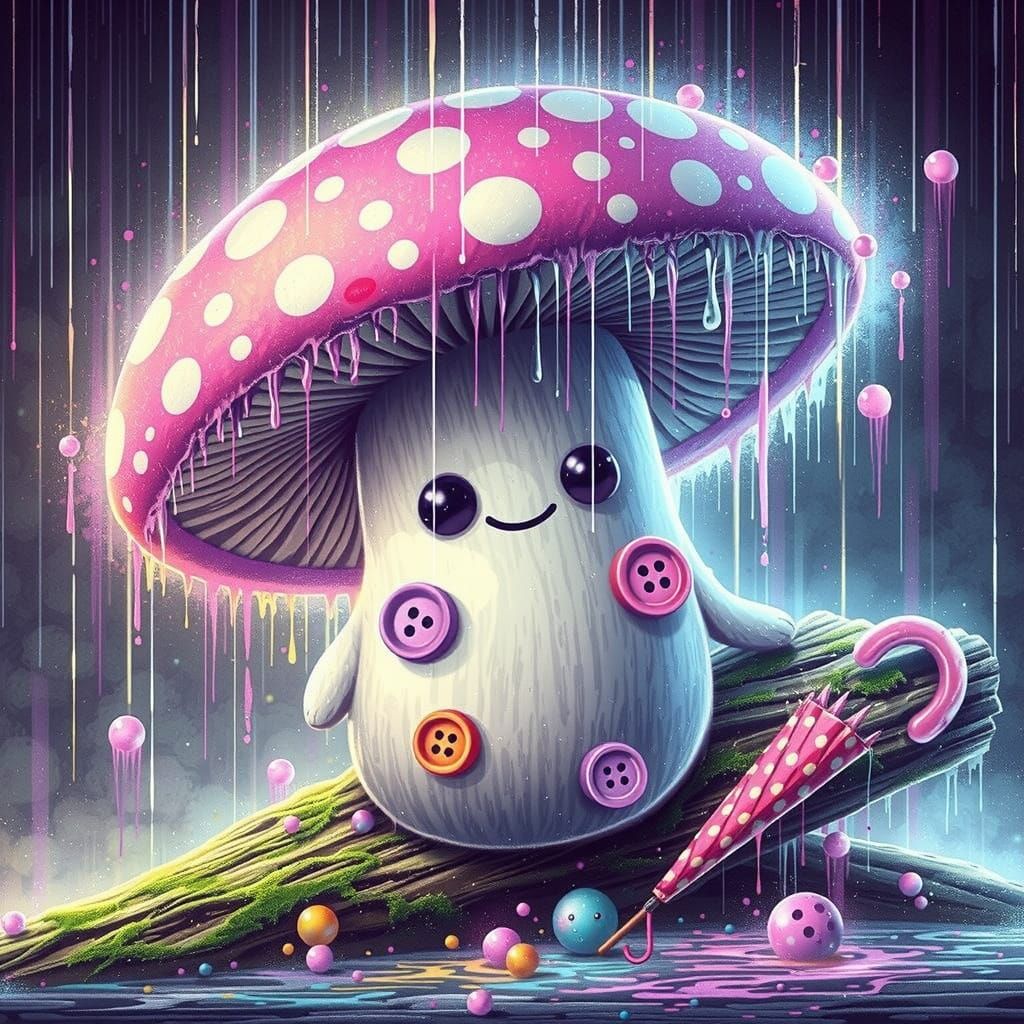 Mushroom Spirit Leans on Log with Polka-Dot Umbrella