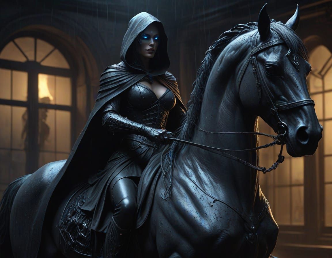 Ethereal Grim Reaper Woman on Dark Warhorse in Soft Rainy Li...
