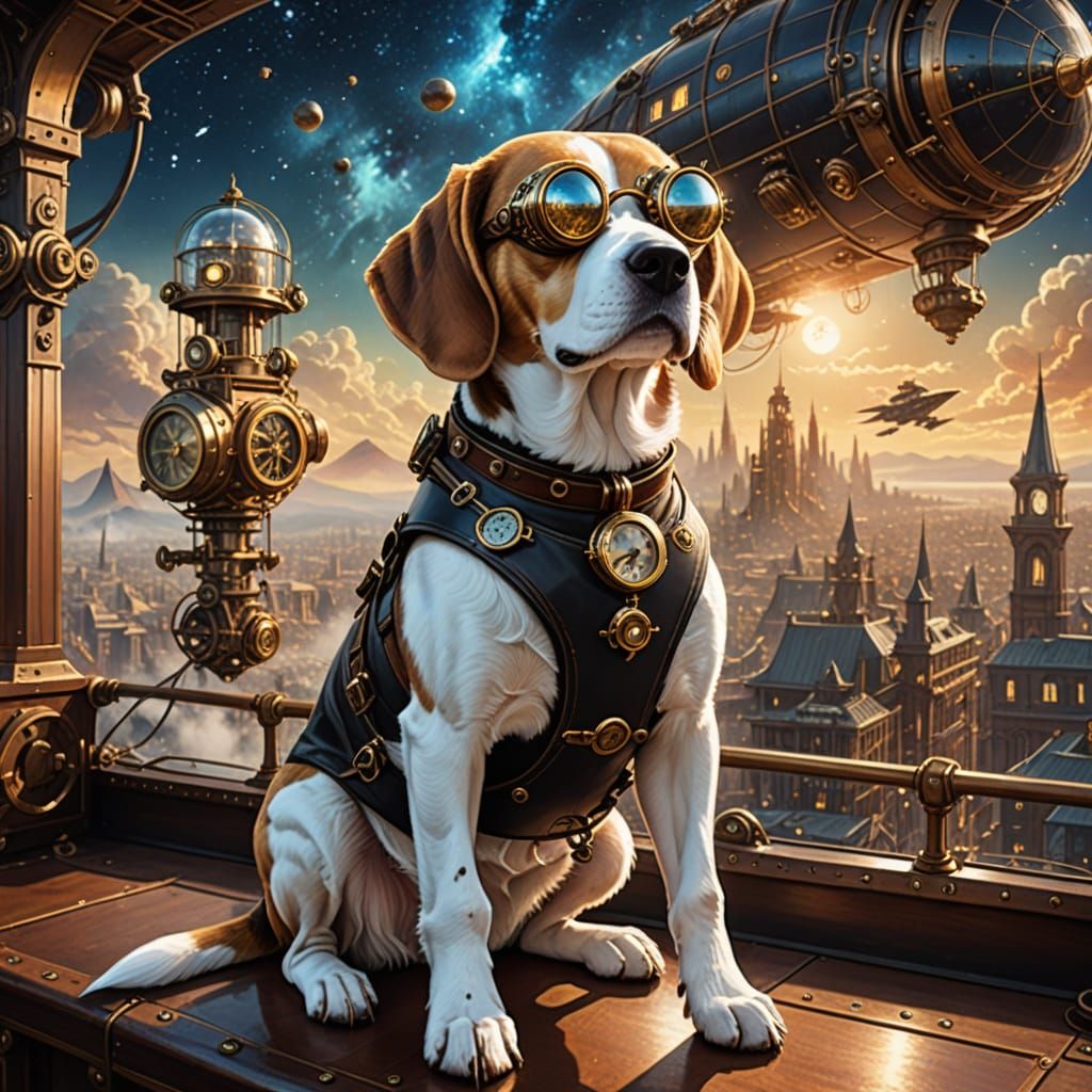 Steampunk Beagle on Airship Deck Overlooking Nebula City