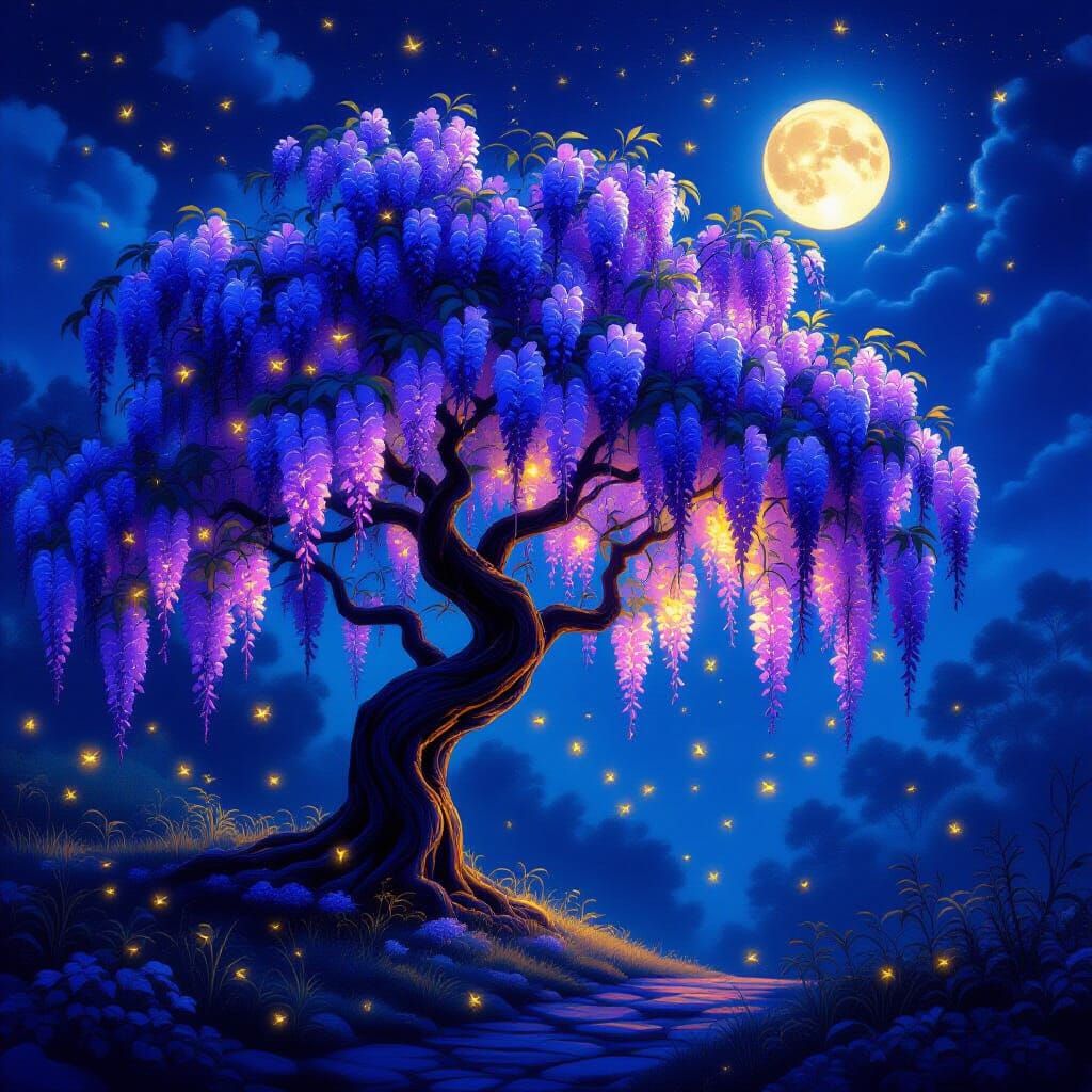 Bioluminescent Wisteria Tree in Moonlit Forest
